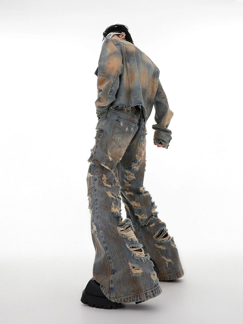 Men's Clothing Niche Retro Wasteland Destruction Denim Jacket Suit Heavyweight Distressed Jacket Flared Jeans Trend_voghion.com