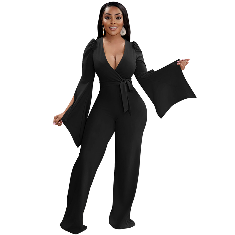 Dametøj nyt produkt ensfarvet sexet dyb V-rem plisseret brede ærmer lange bukser jumpsuit til kvinder_voghion.com