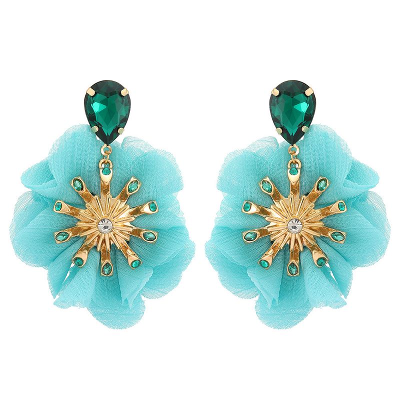 Big flower chiffon earrings clip diamond earrings jewelry_voghion.com