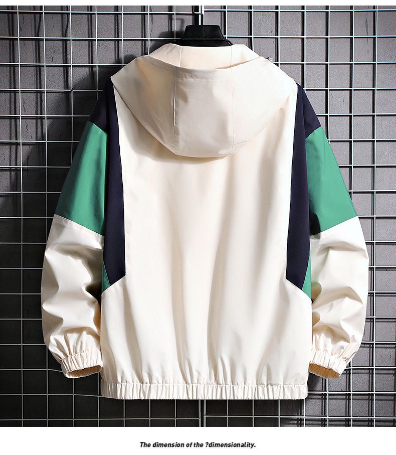 Giacca a vento unisex con cappuccio color-block – Giacca oversize alla moda per uomo e donna, cappotto casual leggero con cerniera (beige/blu navy/nero, S-3XL))_voghion.com