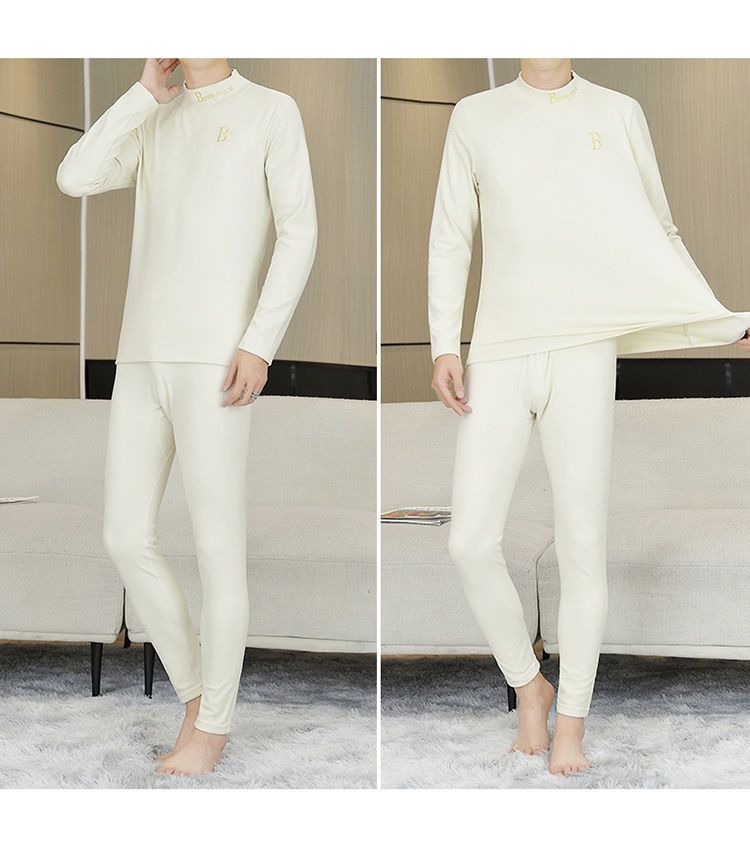 Completo intimo termico da uomo premium ricamato, strato di base invernale foderato in pile con collo alto, tessuto bifacciale ultra caldo per il freddo_voghion.com