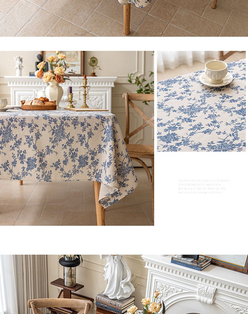 Blue Floral Tablecloth - Cotton Linen Rectangular Cover (Scandinavian Style Vintage Farmhouse Photo Backdrop Dorm Decor)_voghion.com
