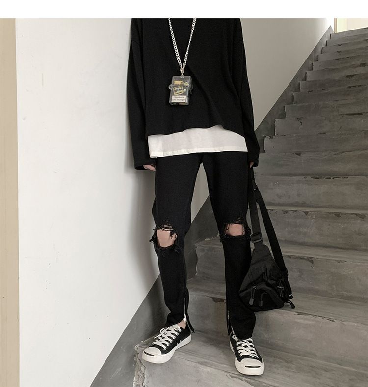 Korean version of trendy high street summer black loose straight leg jeans with large holes for men's casual versatile_voghion.com