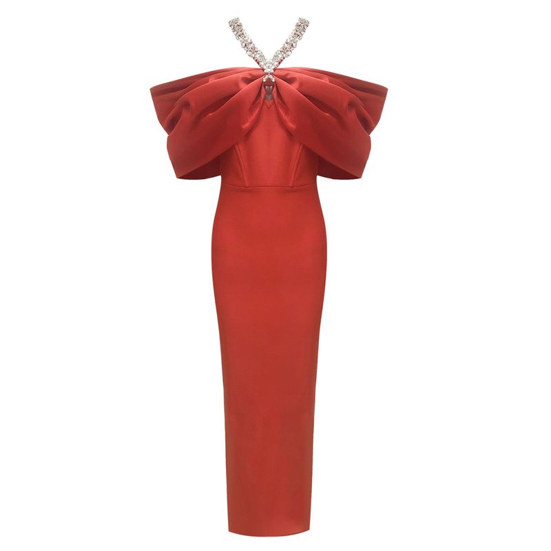 Robe de soirée élégante à dos nu et diamants noirs pour femme - Robe longue moulante à encolure haute_voghion.com