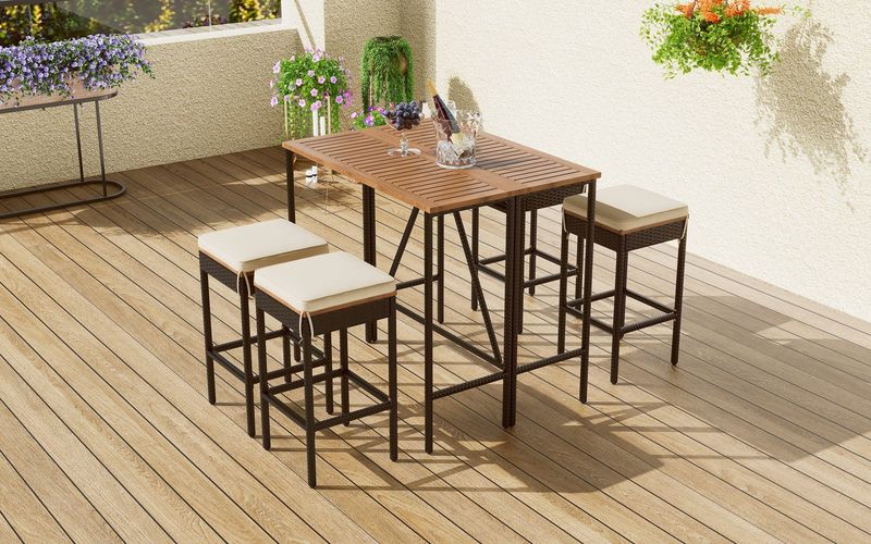 5-Piece Outdoor Acacia Wood Bar Height Table And Four Stools With Cushions, Garden PE Rattan Wicker Dining Table, Foldable Tabletop, High-Dining Bistro Set, All-Weather Patio Furniture, Brown_voghion.com