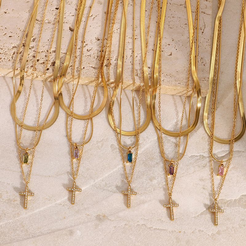 Collana girocollo con ciondolo geometrico in acciaio inossidabile a strati, con zirconi, per donne, elegante e alla moda_voghion.com