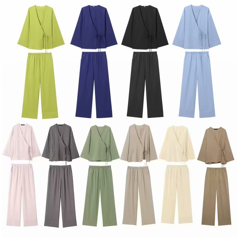 Jaqueta e calça estilo quimono texturizada com abotoamento duplo ZR Style para mulheres 54277435427431_voghion.com