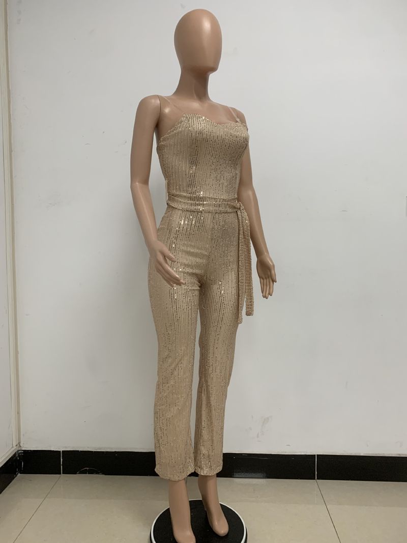 Dametøj Ærmeløs pailletterbæltejumpsuit ensfarvet tubetop rygløs jumpsuit_voghion.com