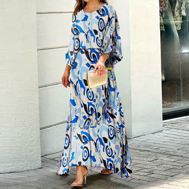 Feminino solto estampado manga longa top cintura alta tamanho grande saia longa terno_voghion.com
