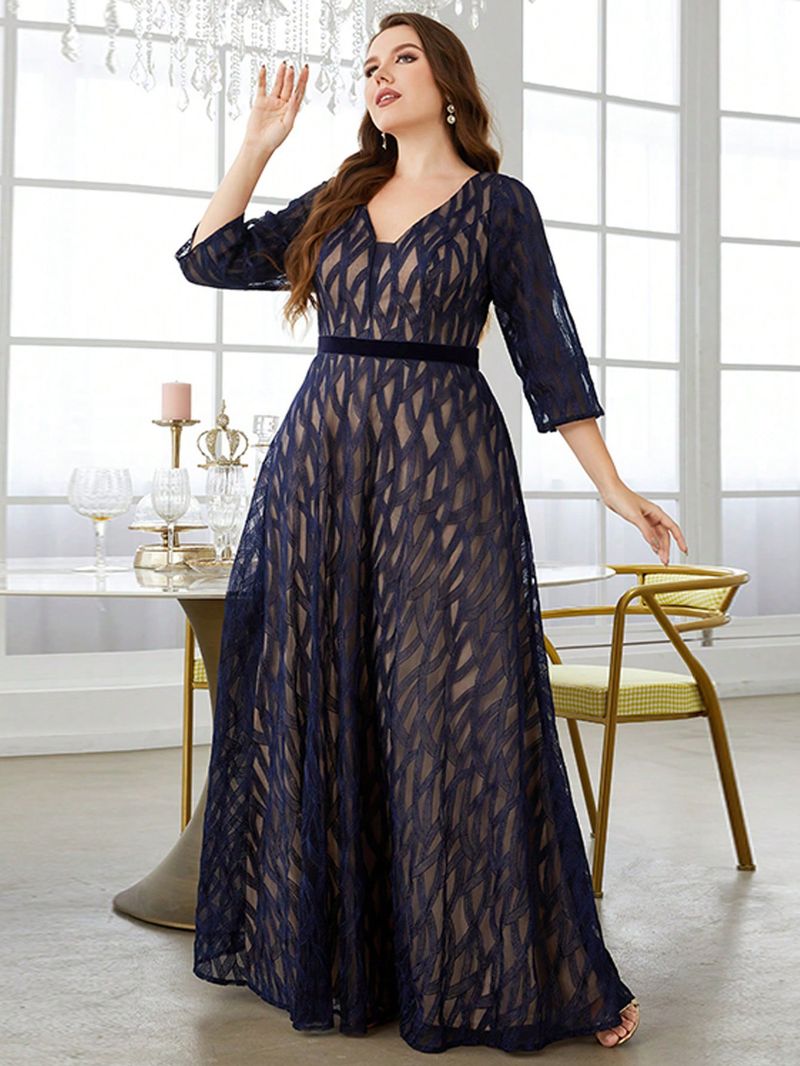 Robe de soirée élégante grande taille à col en V profond pour fêtes, mariages et occasions spéciales – Robe trapèze en polyester extensible avec détails brodés_voghion.com