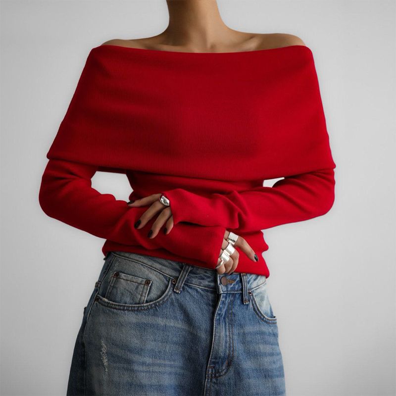 Maglione da donna autunno inverno 2025, maglia a maniche lunghe, base in maglia, top sexy aderente con spalle scoperte_voghion.com
