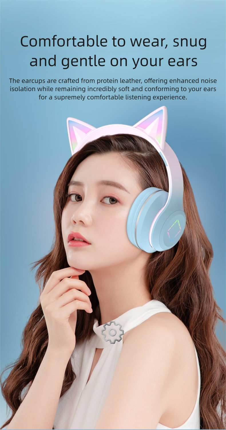 New DR57 Bluetooth Earphones Long Battery Life Gradient Color Light-Up Cat Ear Over-Ear Wireless Headphones_voghion.com