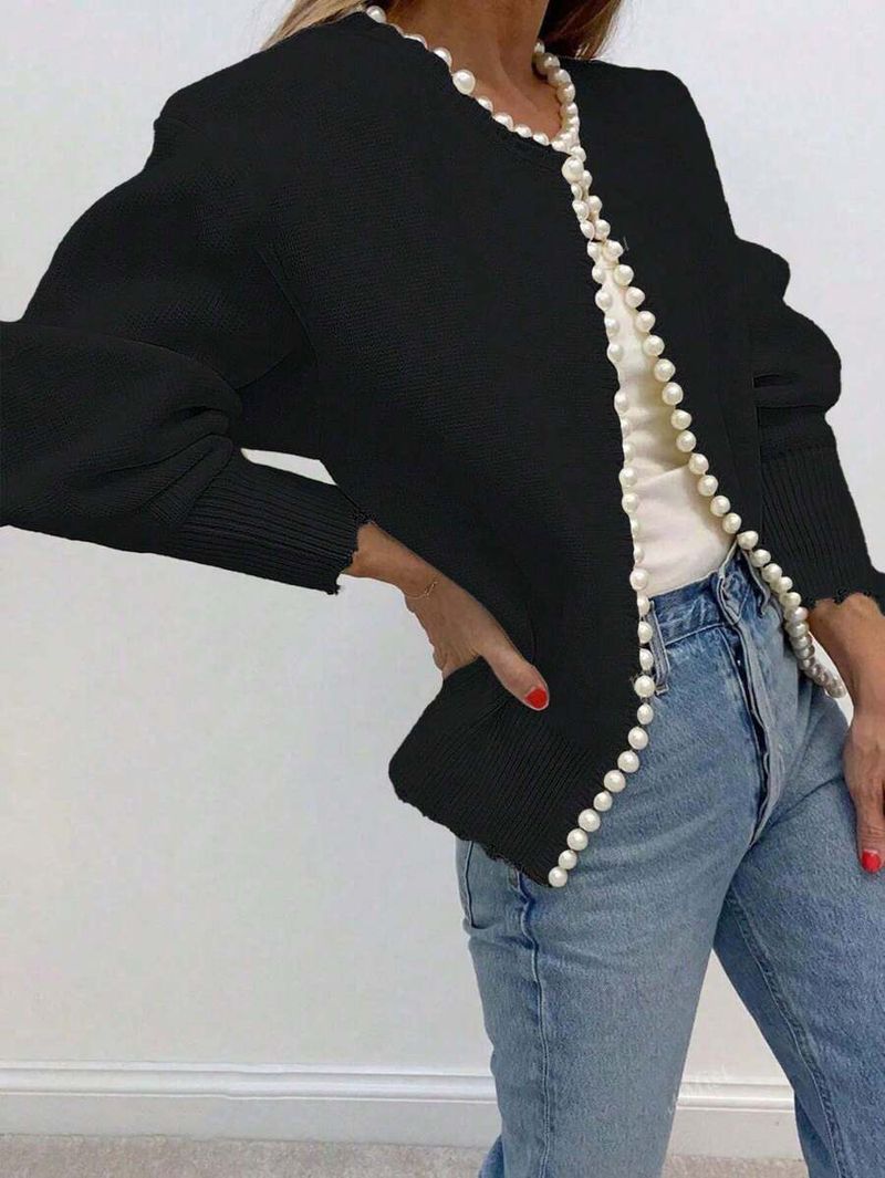 Elegant V-Neck Pearl Embellished Knit Cardigan For Women - Loose Fit Long Sleeve Open Front Sweater (Black/White, One Size)_voghion.com