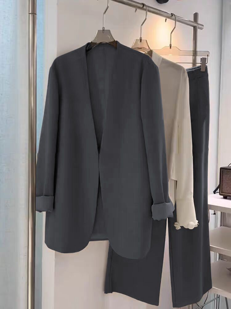 Conjunto de traje de talla grande para mujer, primavera y otoño, holgado, informal, formal, de dos piezas, con pantalones anchos y blazer pequeño._voghion.com