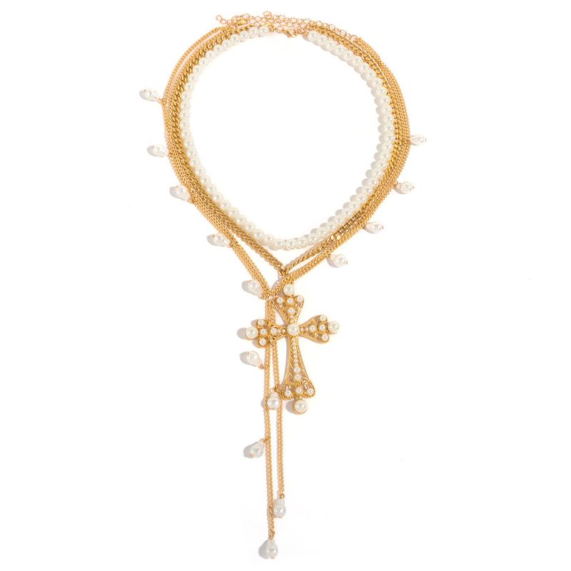 Collana con ciondolo a croce in stile punk dark, design a strati, con catena per clavicola, NK28270_voghion.com