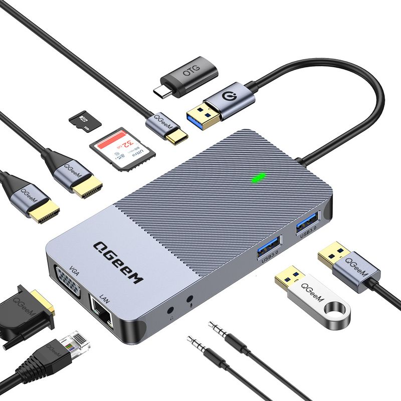 QGeeM 11-i-ett Type-C-dokkingstasjon, Display k trippelskjerm USB-hub DL3900_voghion.com