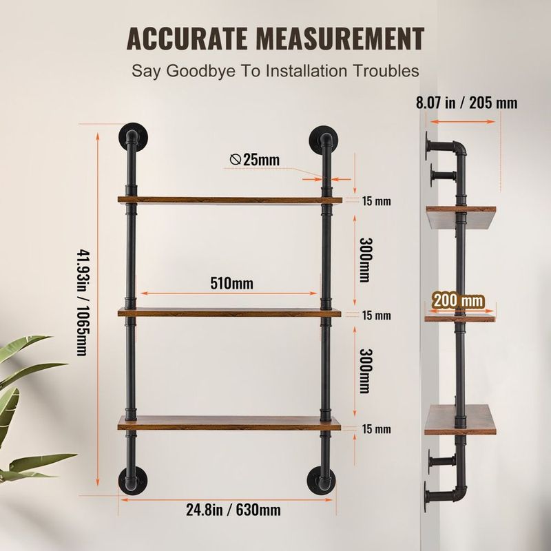 3-Tier Industrial Pipe Shelf, 24x7.87 Inches, Wall-Mounted Storage Solution For Kitchen And Bedroom, Space-Saving Design_voghion.com