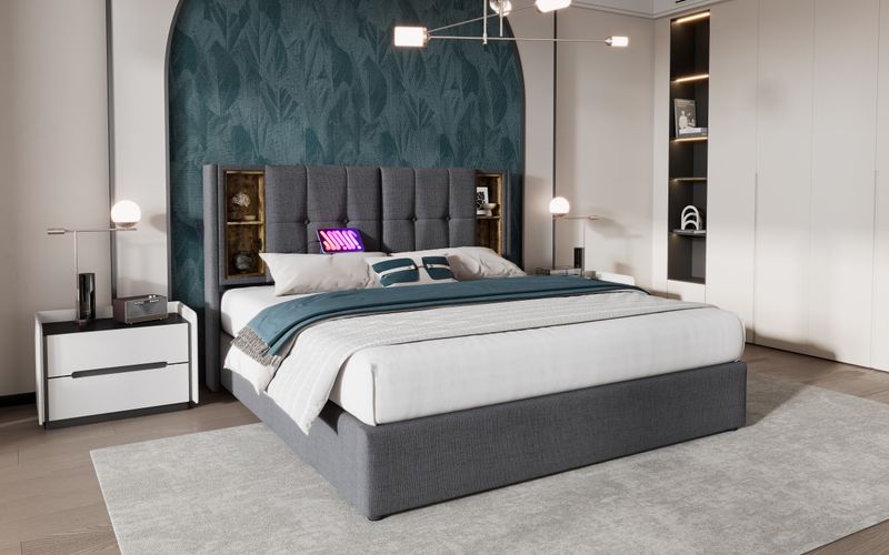 Double avec câble de chargement et USB-C, tissu 140 x 200 cm, support avec support, bois de roseau, gris, tapis inclus_voghion.com