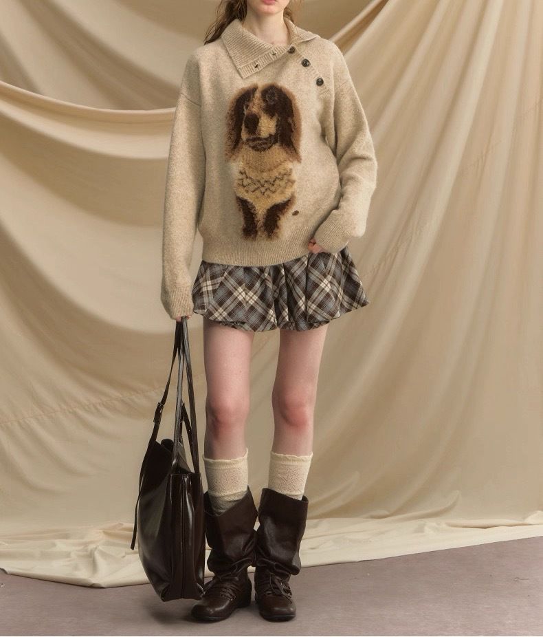 Oversized Crochet Knit Sweater – Retro-Inspired Pullover With 3D Animal Motifs (S/M/L, Split Hem, Acrylic Blend)_voghion.com
