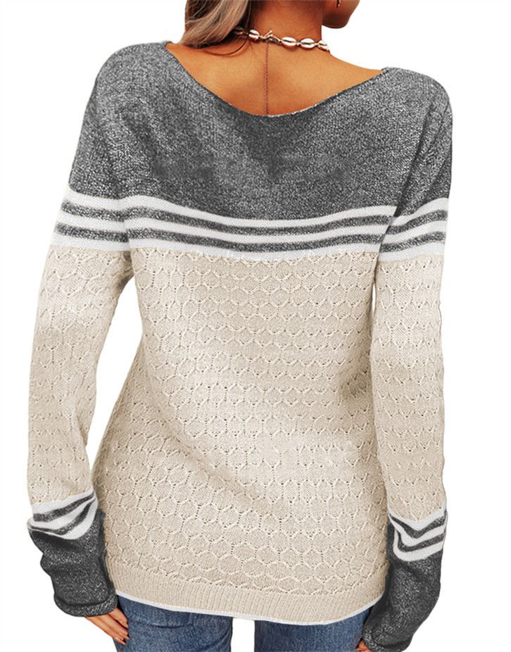 Cross-border autumn and winter new women's crocheted elegant commuter top European and American long-sleeved knitted striped color matching round neck_voghion.com