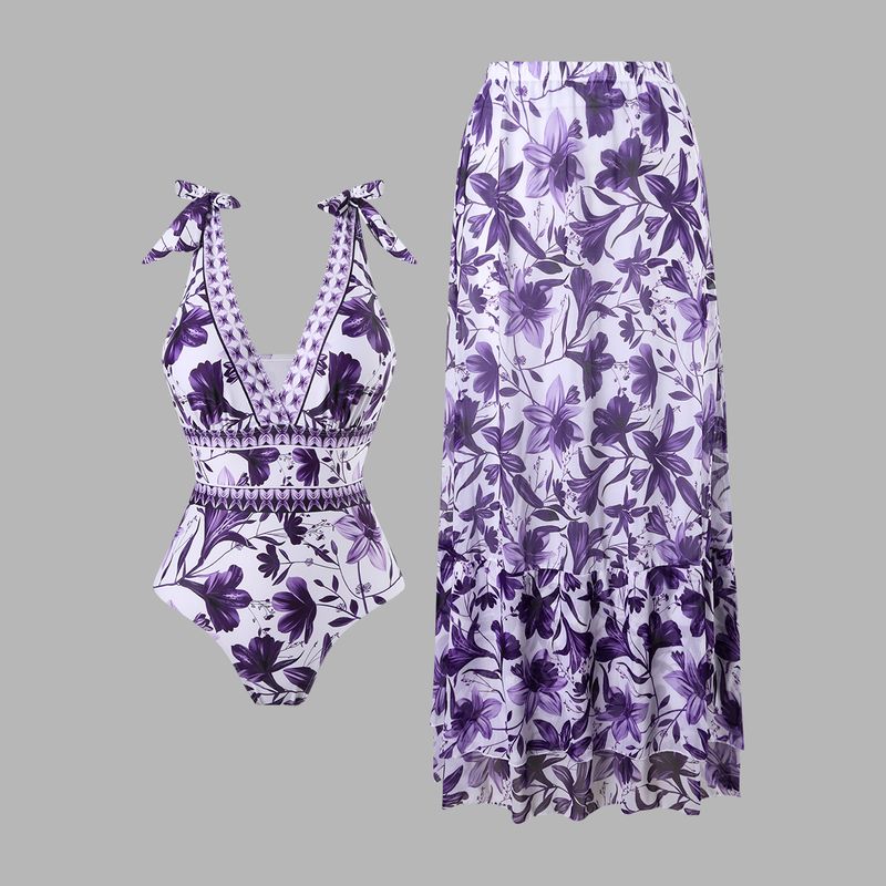 Maillot de bain une pièce sexy pour femme avec jupe fluide - Maillot de bain bikini col V pour la plage et la piscine - Contrôle du ventre et design push-up - Taille haute et séchage rapide_voghion.com