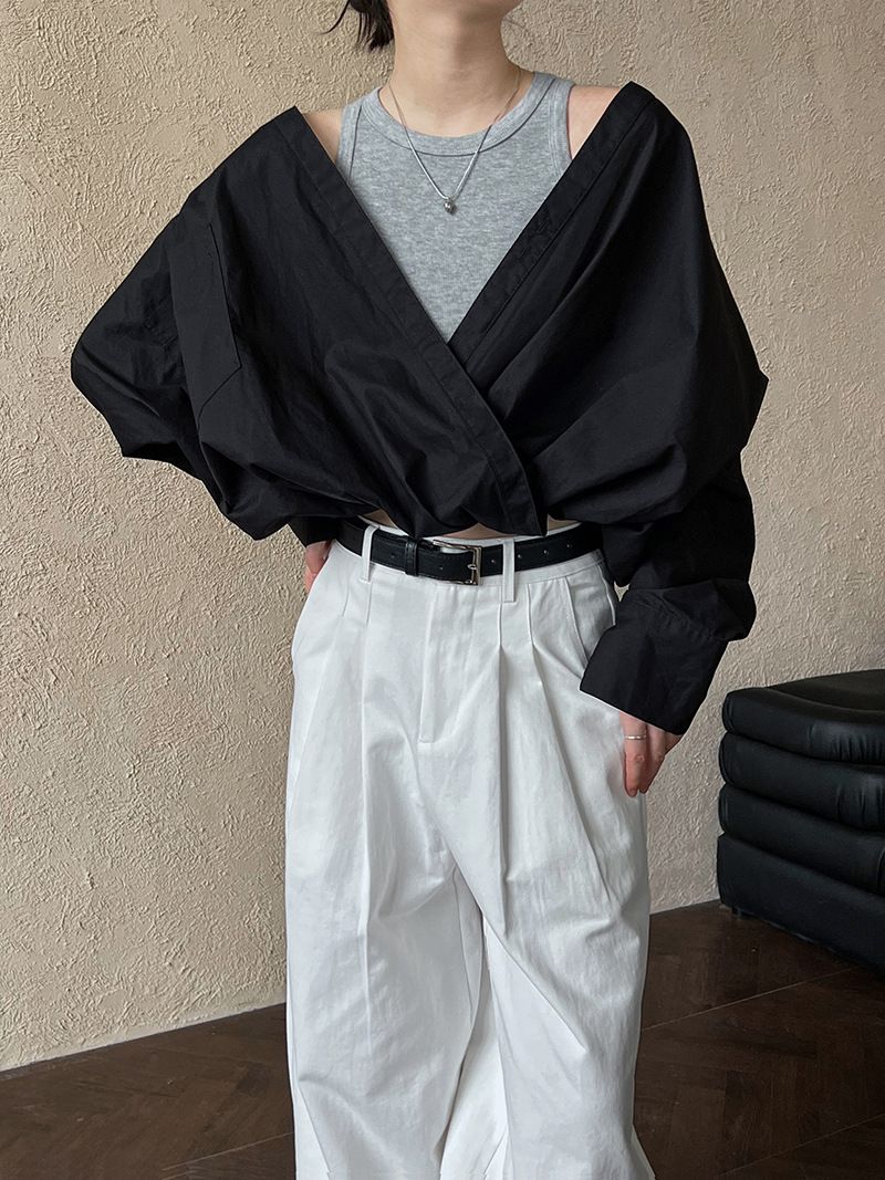 Camicia da viaggio Luxi Spring French High-End con spalle scoperte e gilet in maglia sotto, top due pezzi per_voghion.com