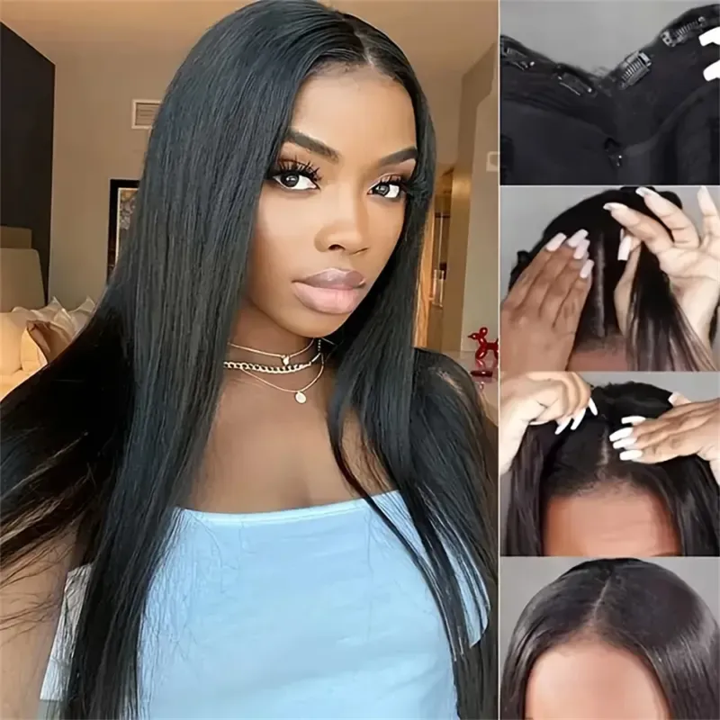 Pelucas brasileñas de cabello humano con parte en V, 100 % liso, densidad del 180 %._voghion.com