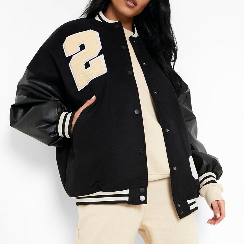 Chaqueta de béisbol engrosada de lana con letras para mujer_voghion.com
