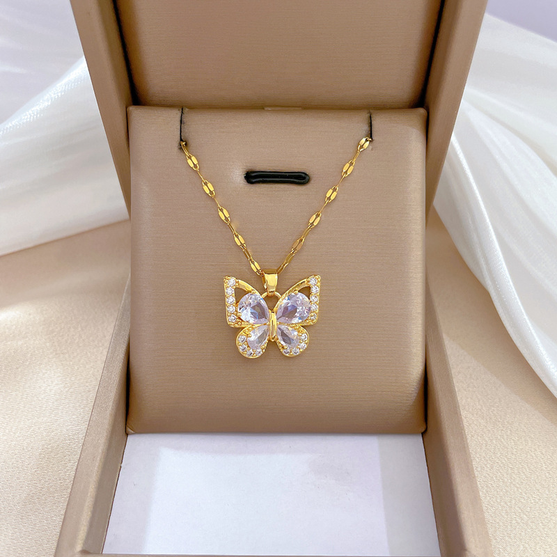 Edelstahl-Schmuckset mit Ohrringen, Anhänger und Halskette für Damen, schicke Mode, Strass, weiß, klar, Schmetterlings-Schmuckset_voghion.com