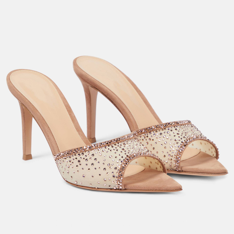 Ladies New Summer Pointed Toe Shallow Mesh Diamond High Heel Sandals_voghion.com