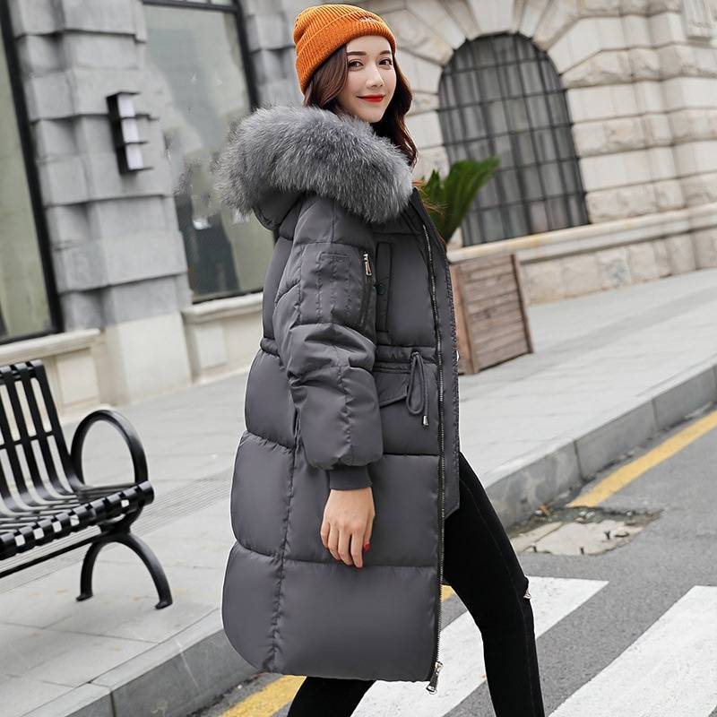 Women's Clothing Length Puffer Jacket Large Fur Collar Quilted Jacket Thick Cotton Coat_voghion.com