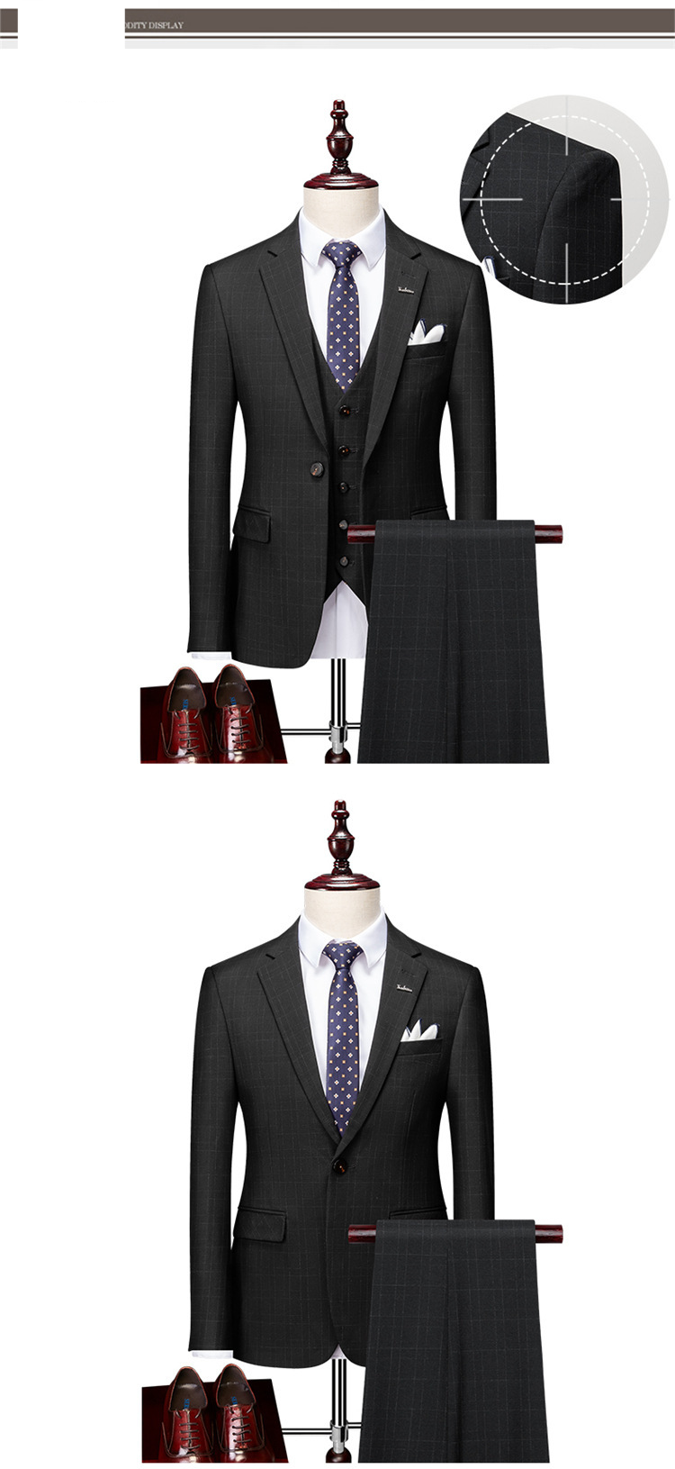 Terno masculino xadrez slim fit de 3 peças - Conjunto de blazer, colete e calça para banquete de negócios e casamento (azul-marinho/cinza/preto)_voghion.com