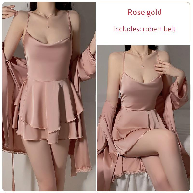 Nachtwäsche für Damen, sexy, große Größe, Satin, einfache Taille, gerafftes Nachthemd mit Hosenträgern für Damen, Obergewand, Heimkleidung, Anzug_voghion.com