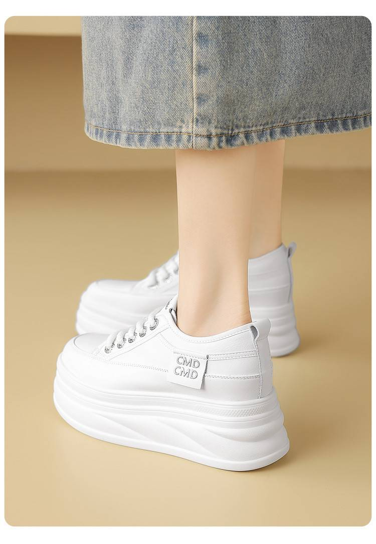 Cameido PU Thick Sole Comfortable Women's Casual Shoes - White Faux Leather & Flocking, Round Toe, 6CM Heel_voghion.com