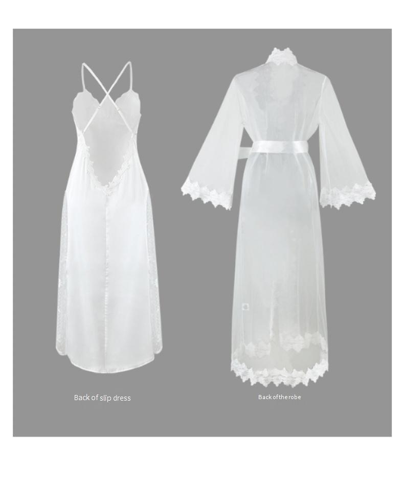 Elegantes Nachthemd- und Morgenmantel-Set mit Spitzenbesatz – Langes Kleid aus transparentem Netzstoff mit passendem Überwurf (S/M/L, Weiß, leichtes Polyester, verstellbare Träger)_voghion.com