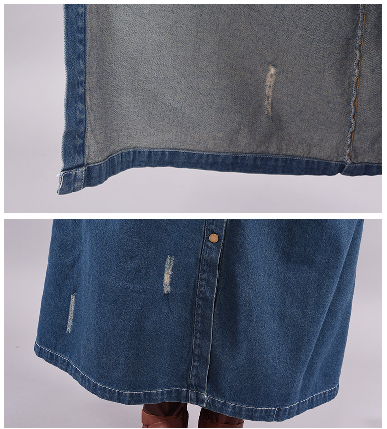 Vintage Washed Denim-Hemdkleid für Damen – Übergroße lange Boho-Tunika mit Polokragen (Blau/Schwarz, Übergröße L/XL)_voghion.com