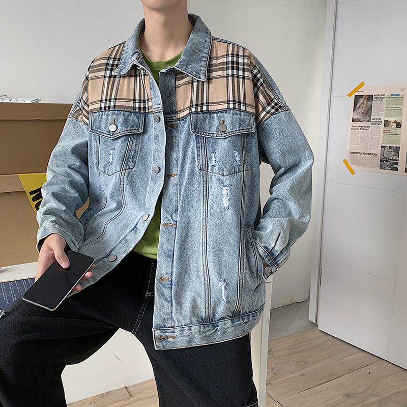 Men's Distressed Denim Jacket With Patchwork Design, Loose Fit, Vintage Style, Casual Outerwear For Spring & Autumn_voghion.com