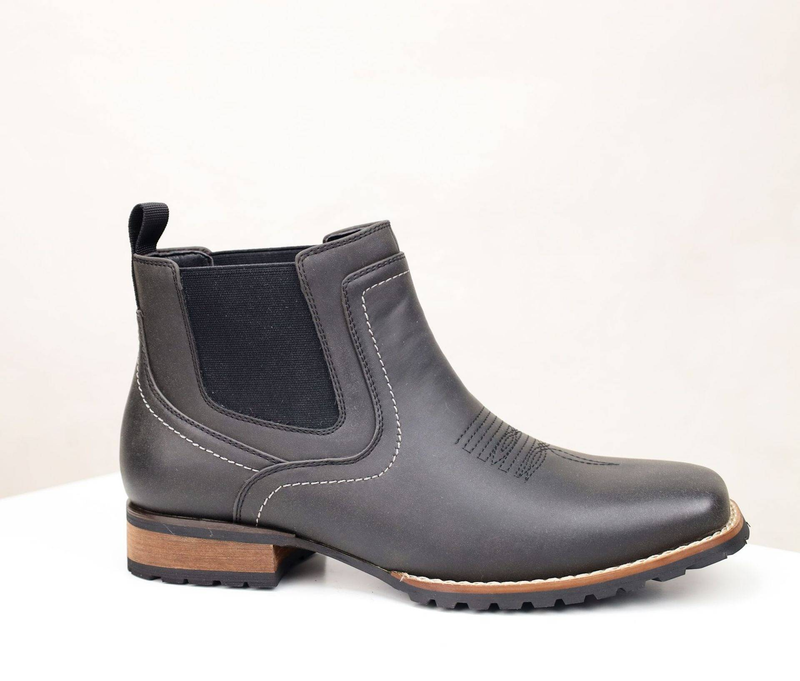 Men's Western Chelsea Boots Vintage Embroidery Wide Square Toe Mid-Calf Boots For Cowboy Style (Black & Light Brown)_voghion.com