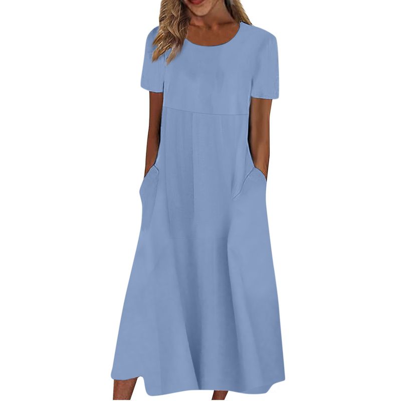 2023 Sommer Neues Langes Damen Casual Solid Kurzarm Rundhalskleid_voghion.com