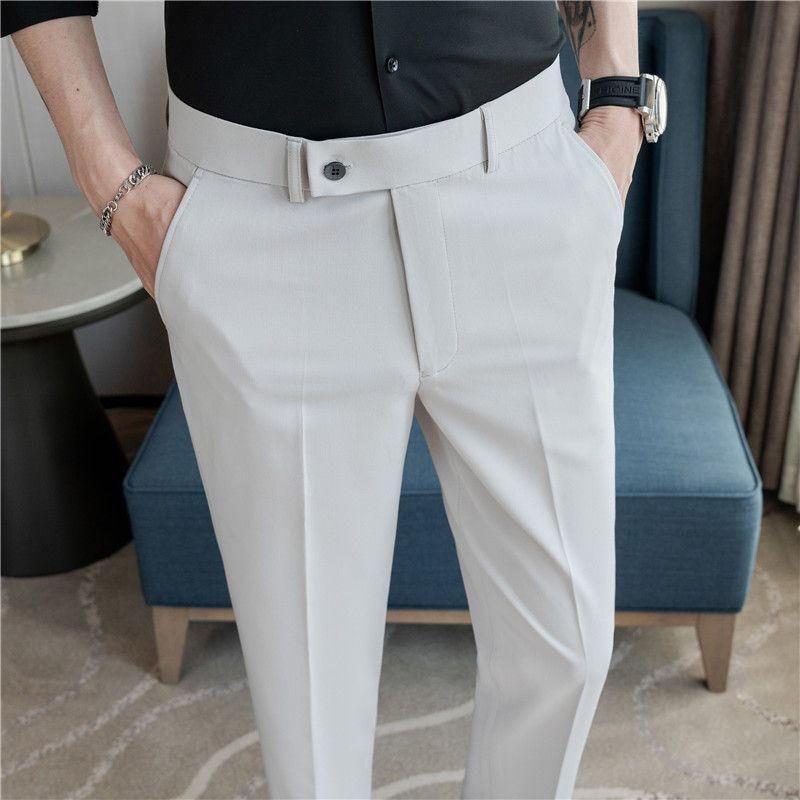 Summer new men's casual trousers, thin comfortable small straight nine-point trousers, elastic and drape on all sides, white trousers_voghion.com