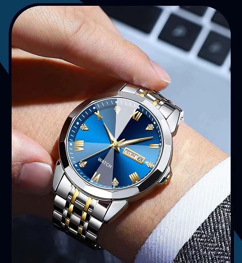 Nuovo orologio da uomo luminoso di alta qualità al quarzo con striscia di acciaio e doppio calendario multifunzionale di lusso_voghion.com