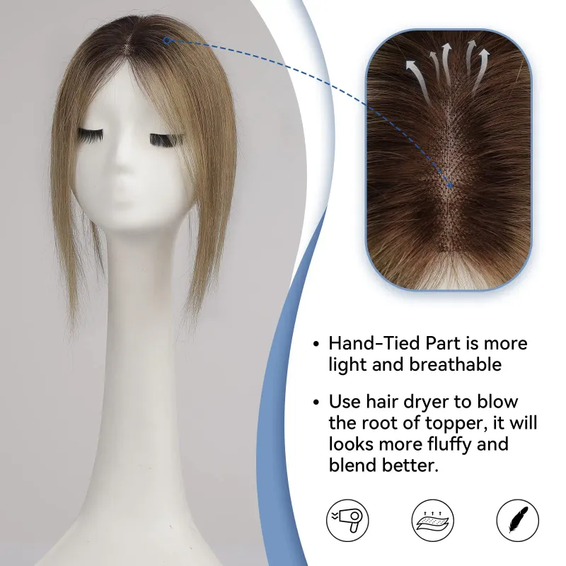 Topper per capelli umani Ombre Brown per donne con capelli diradati Topper per capelli umani Remy con base in pizzo 3 clip pezzi per capelli 12 pollici_voghion.com