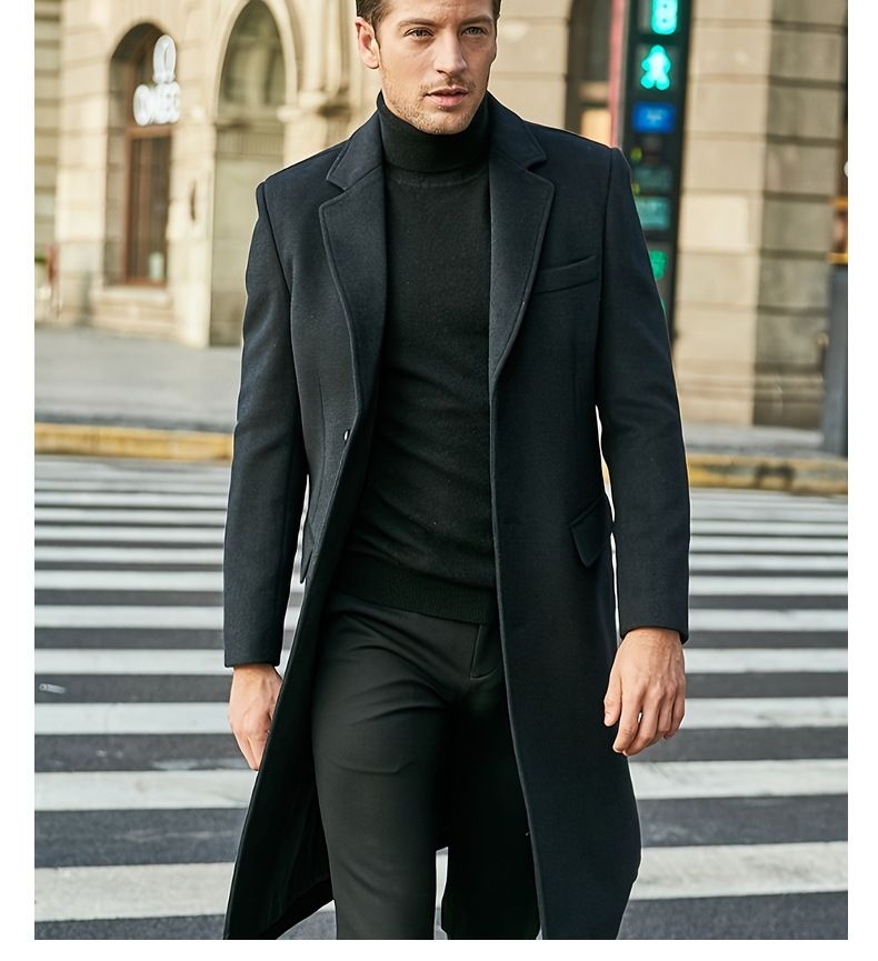 Men's Clothing Slim Mid Length Woolen Coat Single Breasted Trench Coat Slim Fit_voghion.com