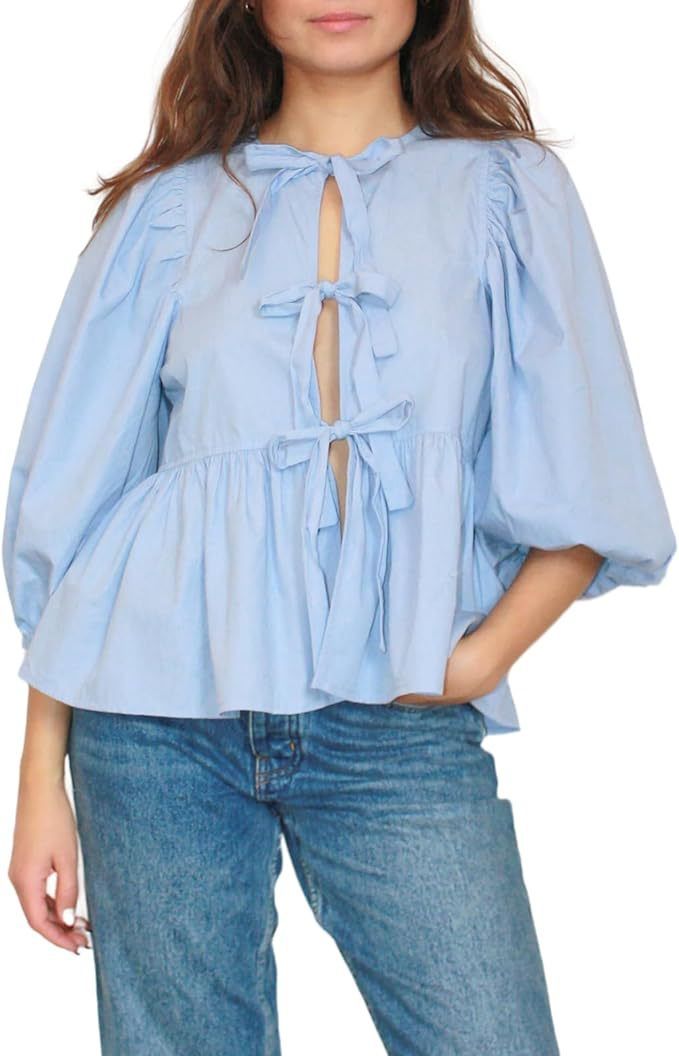 Women's Clothing Tie Front Top Leopard Print Ruffle Babydoll Top 3/4 Length Puff Sleeves_voghion.com