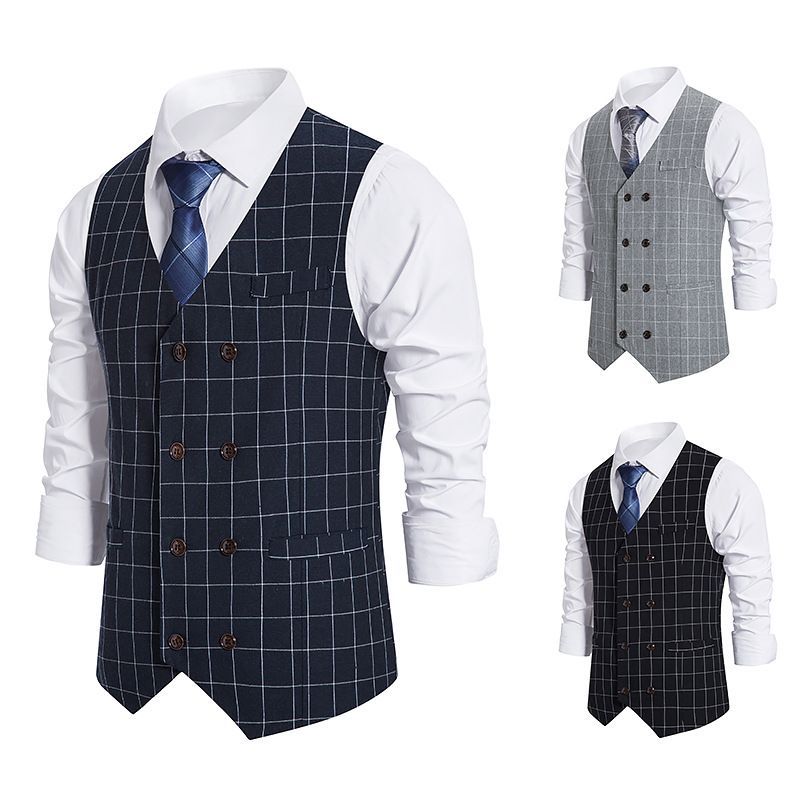 Herren Plaid British Slim Trauzeugen Zweireihige Weste Herren Gentleman Anzug Arbeit Vintage Weste_voghion.com