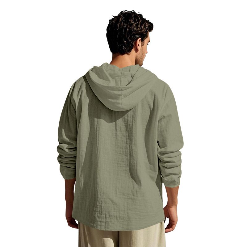 Lente en herfst lang mouwen linnen overhemd heren capuchon casual losse T-shirt trui heren_voghion.com