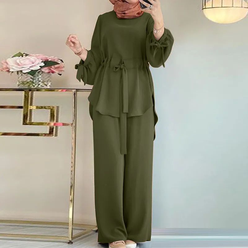 Women's Clothing Solid Color Drawstring Two Piece Suit Round Neck Top Wide Leg Trousers Temperament Ladies Suit_voghion.com