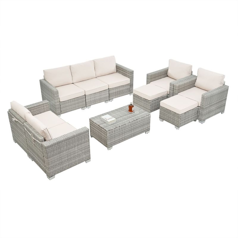 10 Piece PE Rattan Patio Furniture Set, Sectional Sofa Set, Outdoor Patio Furniture Set With Cushions & Tempered Glass Coffee Table_voghion.com