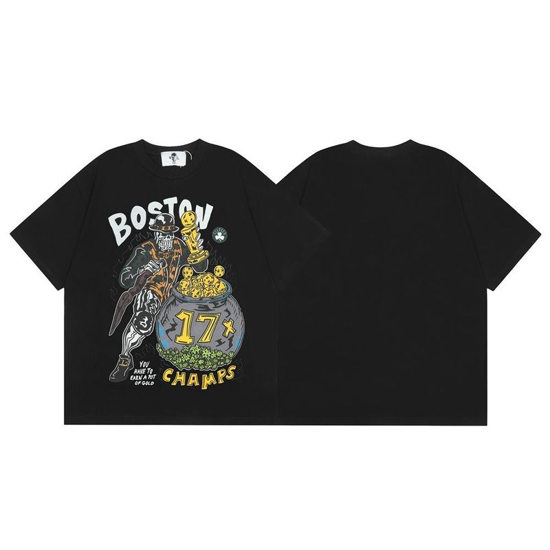 Maglietta casual da strada, a maniche corte, unisex, stile americano, con stampa a teschio, stile W Money L, girocollo, alla moda e ampia_voghion.com