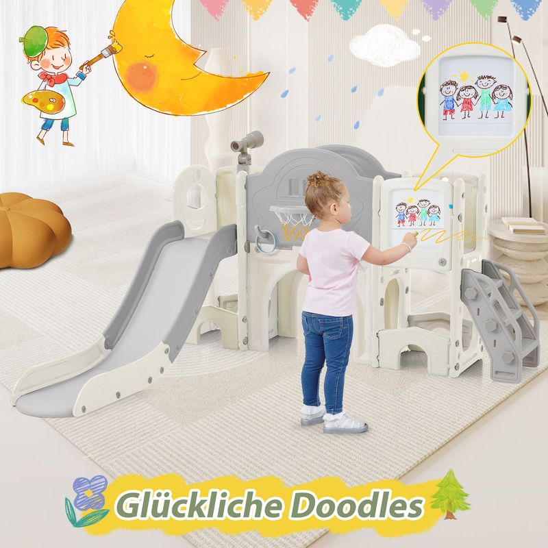 Toboggan d'escalade 10 en 1 pour enfants, toboggan autoportant multifonctionnel avec mur d'escalade, espace de rangement, tunnel de jeu, panier de basket, jeu de lasso, tableau noir, jeu de golf et télescope pour jeux intérieurs et extérieurs_voghion.com